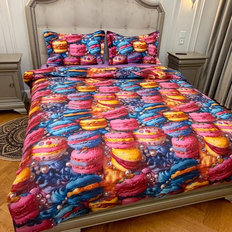 Lenjerie pat dublu, bumbac satinat, cearsaf clasic, 4 piese, Mov,  multicolor, macarons - imagine 4