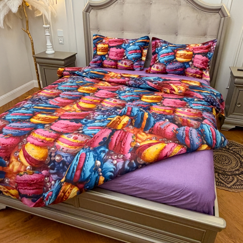 Lenjerie pat dublu, bumbac satinat, cearsaf clasic, 4 piese, Mov,  multicolor, macarons - imagine 5