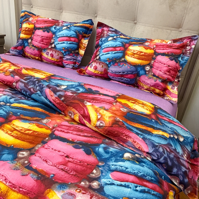Lenjerie pat dublu, bumbac satinat, cearsaf clasic, 4 piese, Mov,  multicolor, macarons - imagine 6