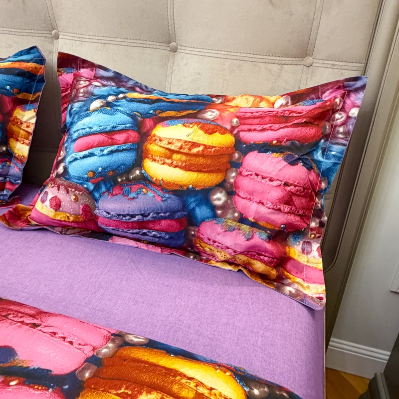 Lenjerie pat dublu, bumbac satinat, cearsaf clasic, 4 piese, Mov,  multicolor, macarons - imagine 7