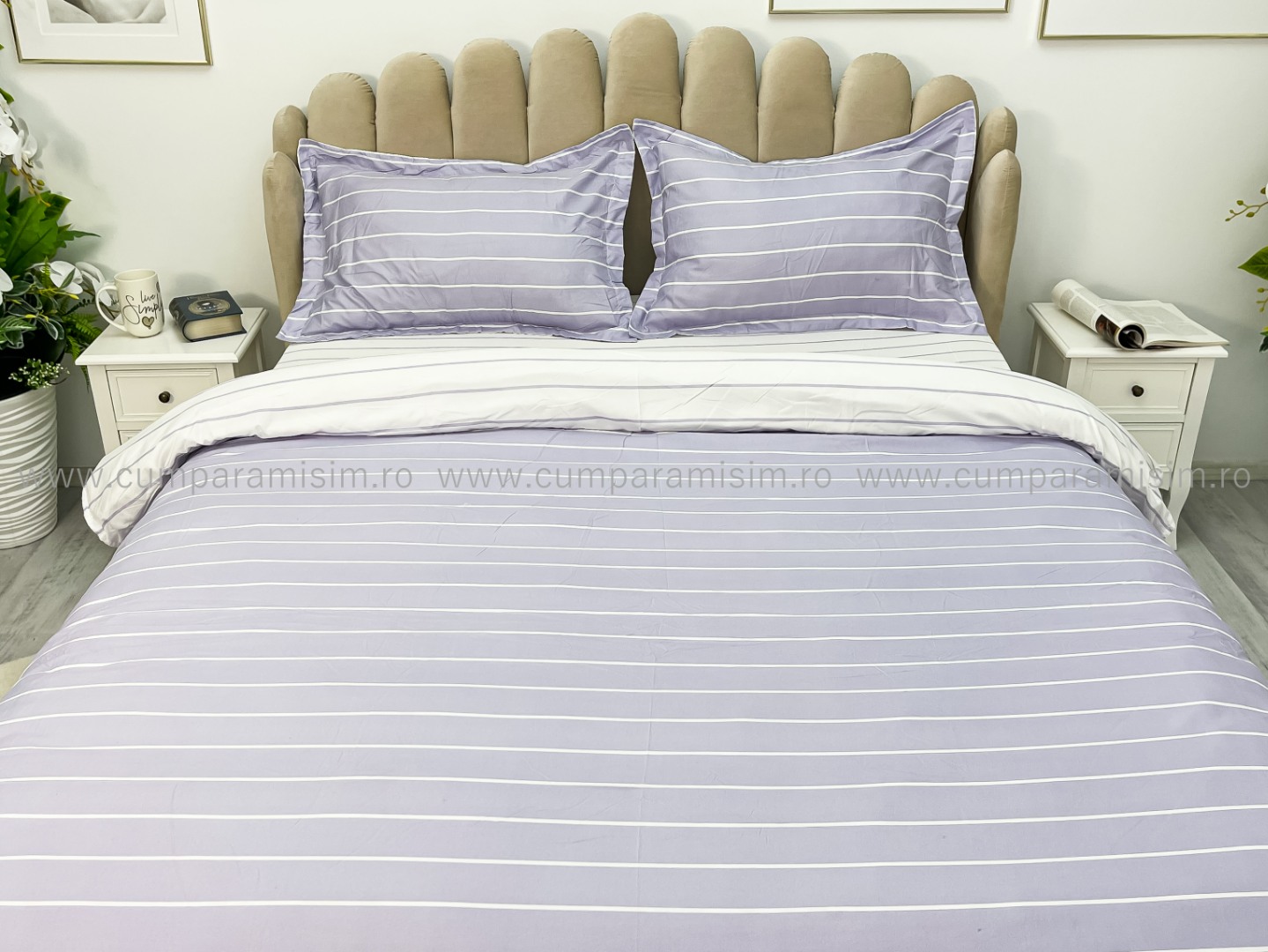 Lenjerie pat dublu, bumbac satinat, cearsaf clasic, 4 piese,  Lila, dungi - imagine 3