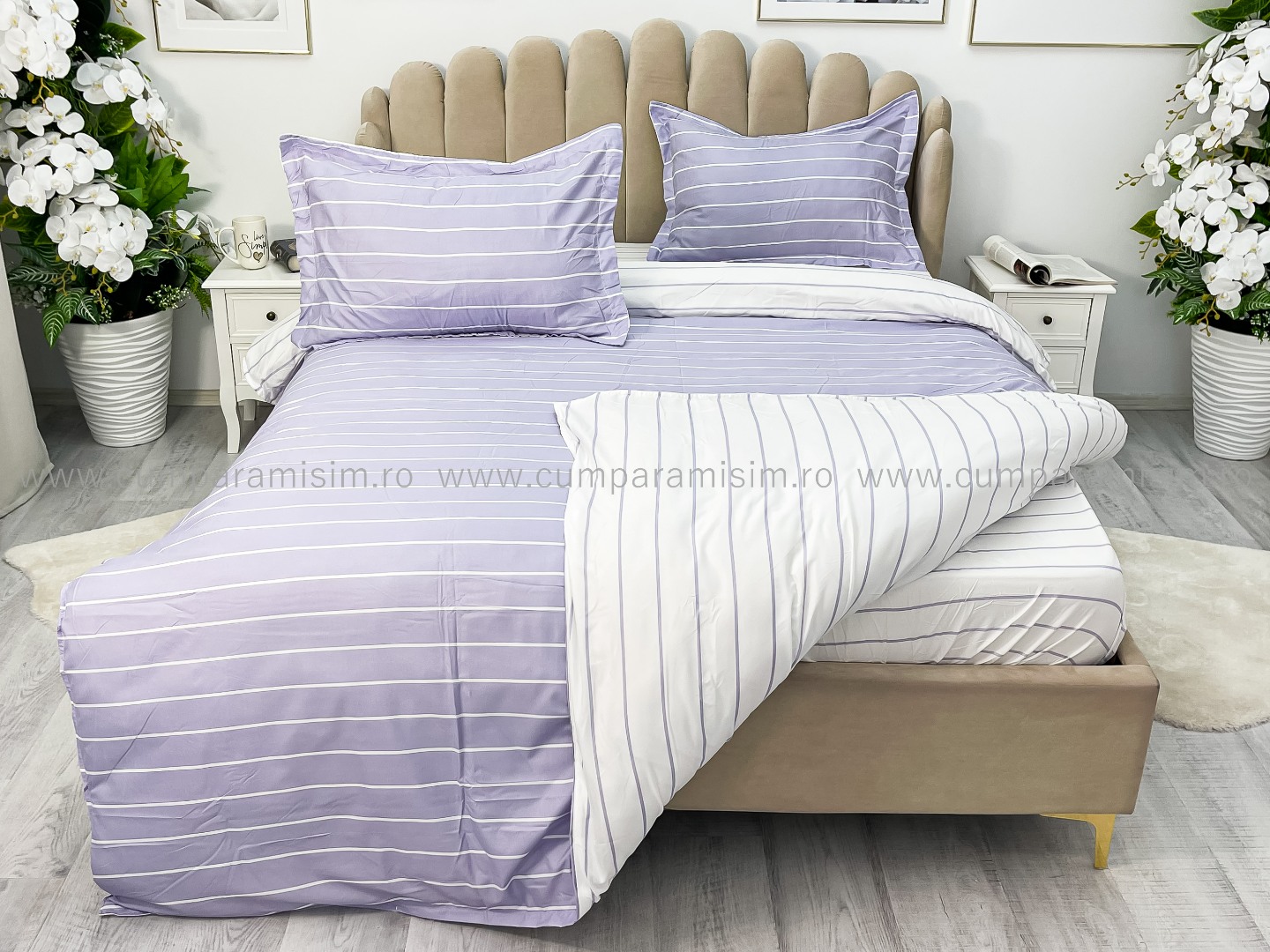 Lenjerie pat dublu, bumbac satinat, cearsaf clasic, 4 piese,  Lila, dungi - imagine 7
