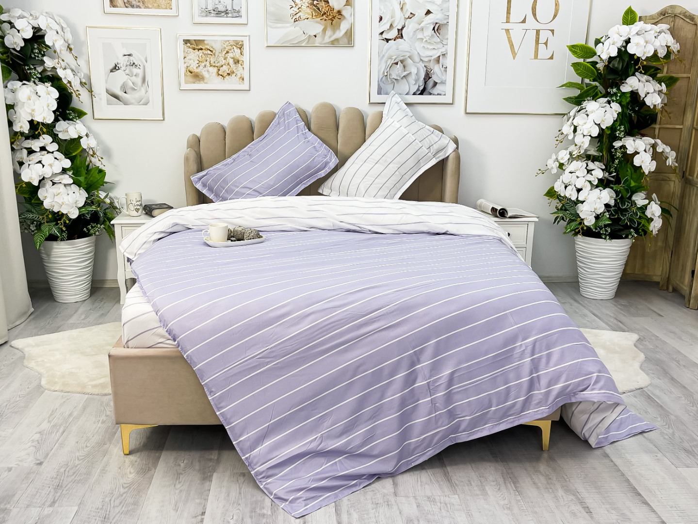 Lenjerie pat dublu, bumbac satinat, cearsaf clasic, 4 piese,  Lila, dungi - imagine 8