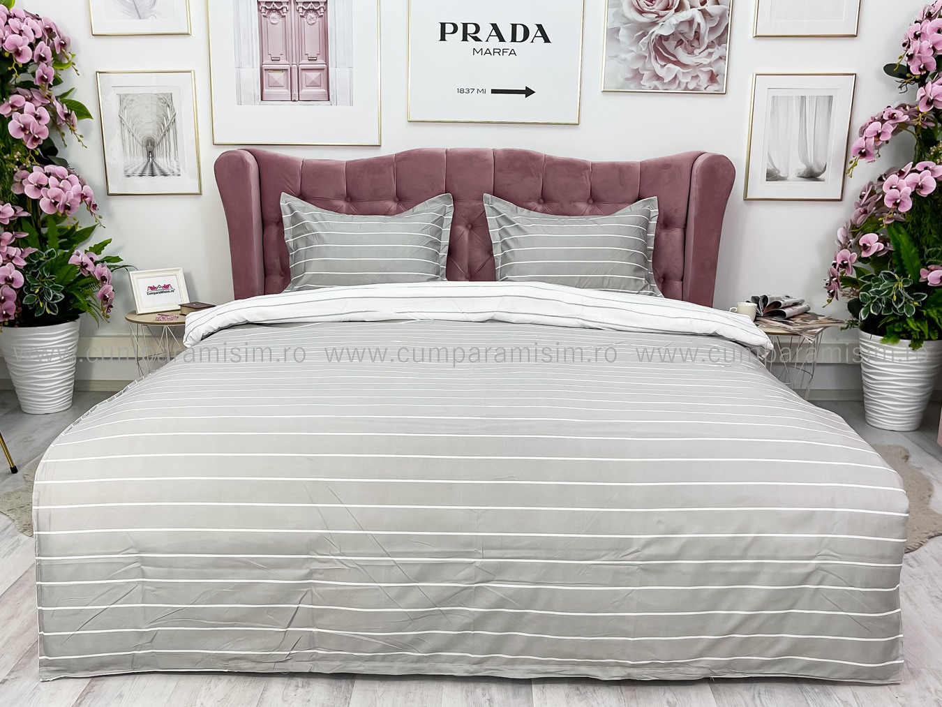 Lenjerie pat dublu, bumbac satinat, cearsaf clasic, 4 piese,  Gri, dungi - imagine 2