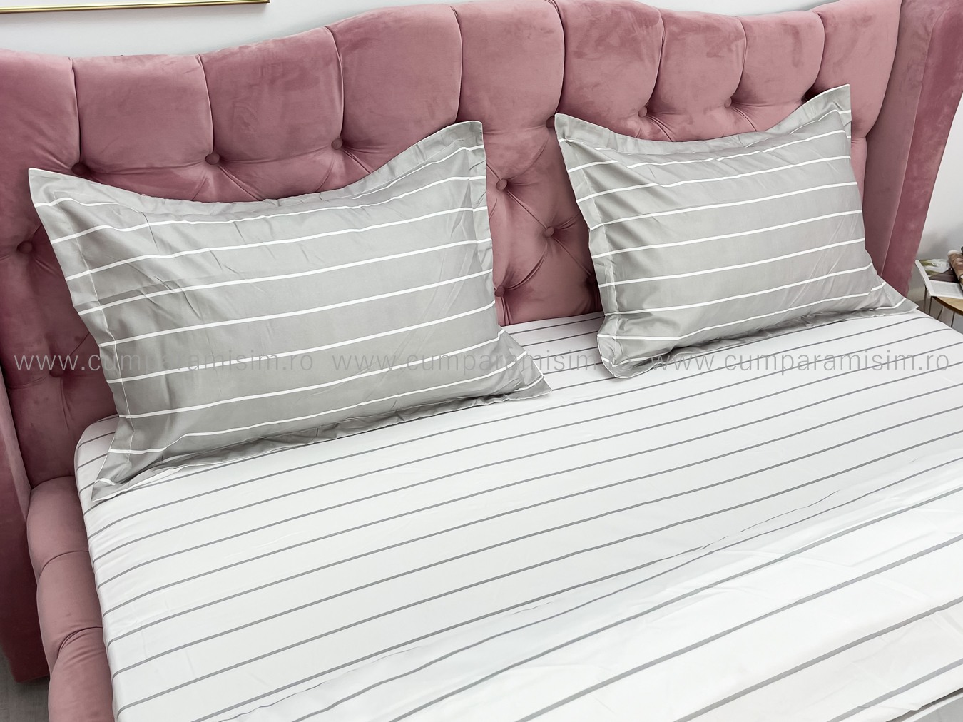 Lenjerie pat dublu, bumbac satinat, cearsaf clasic, 4 piese,  Gri, dungi - imagine 6