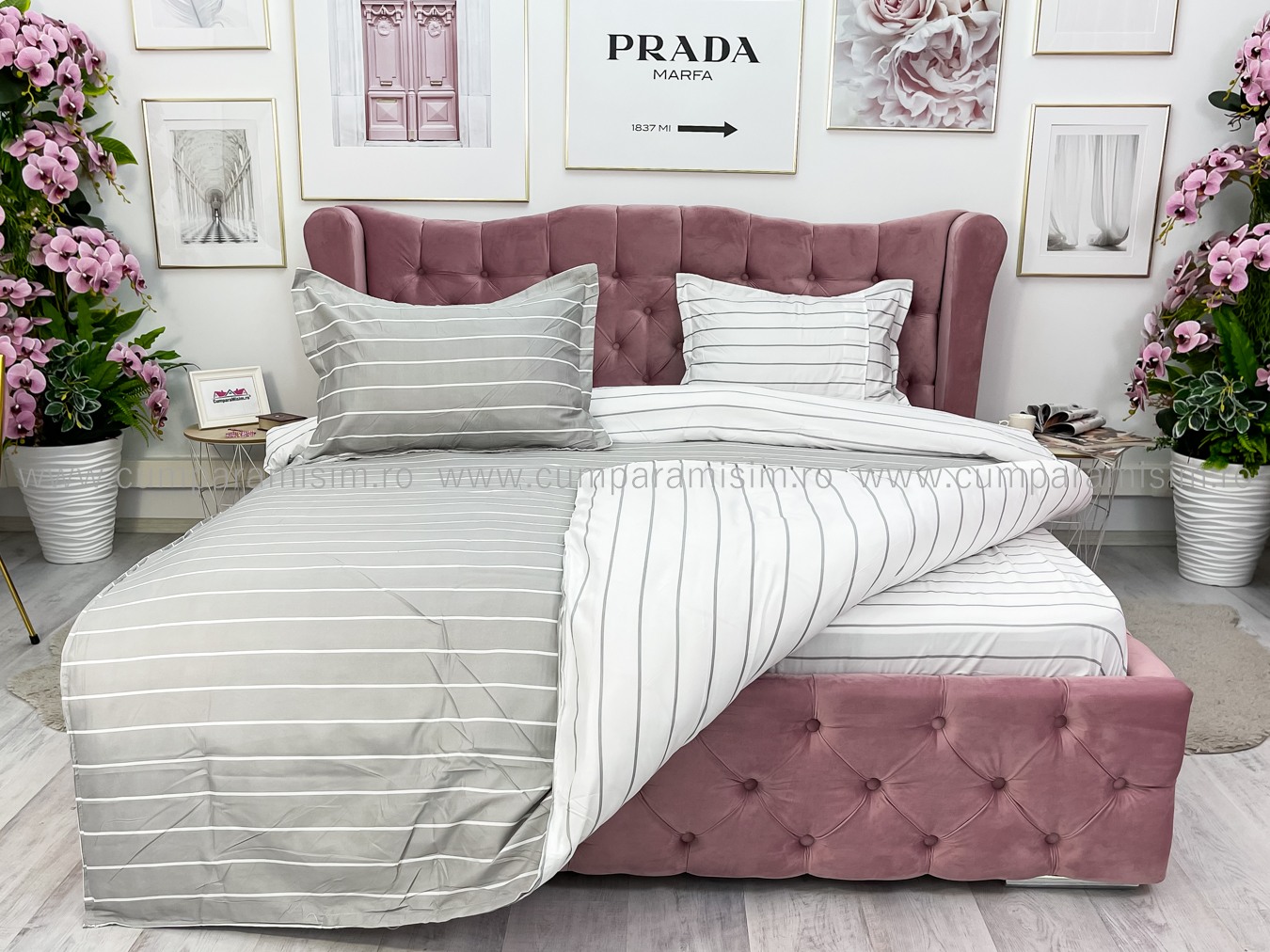 Lenjerie pat dublu, bumbac satinat, cearsaf clasic, 4 piese,  Gri, dungi - imagine 8