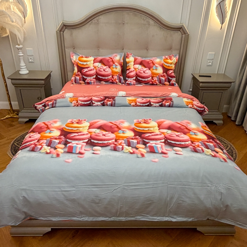 Lenjerie pat dublu, bumbac satinat, cearsaf clasic, 4 piese, Bleu, Roz, macarons - imagine 2