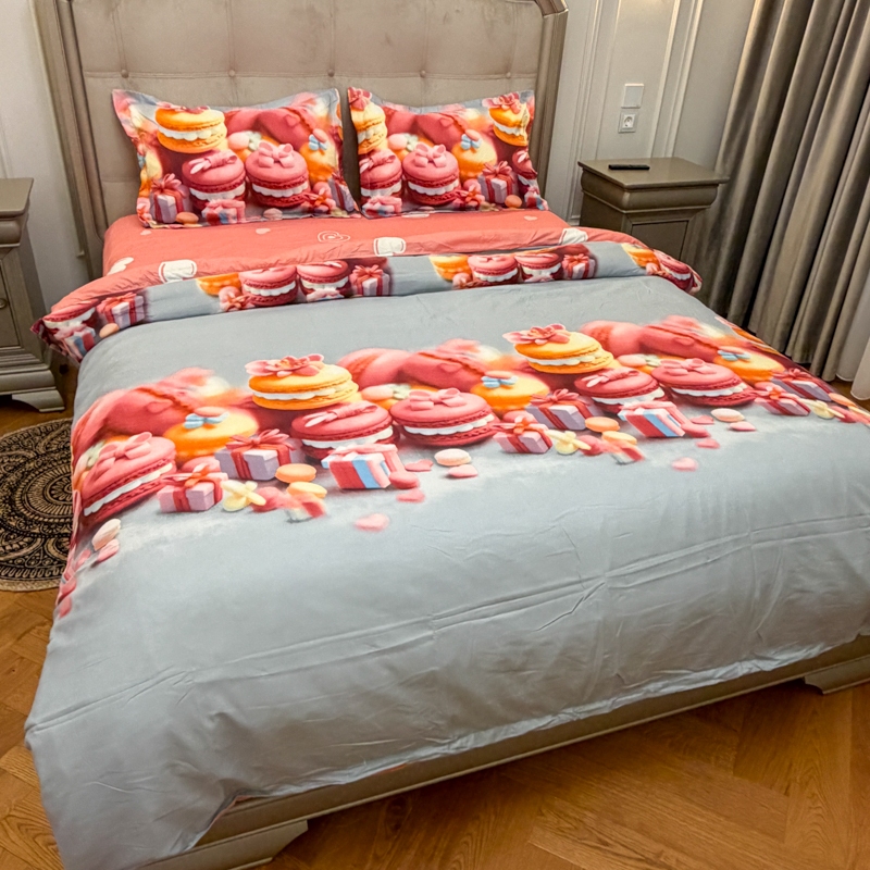 Lenjerie pat dublu, bumbac satinat, cearsaf clasic, 4 piese, Bleu, Roz, macarons - imagine 3