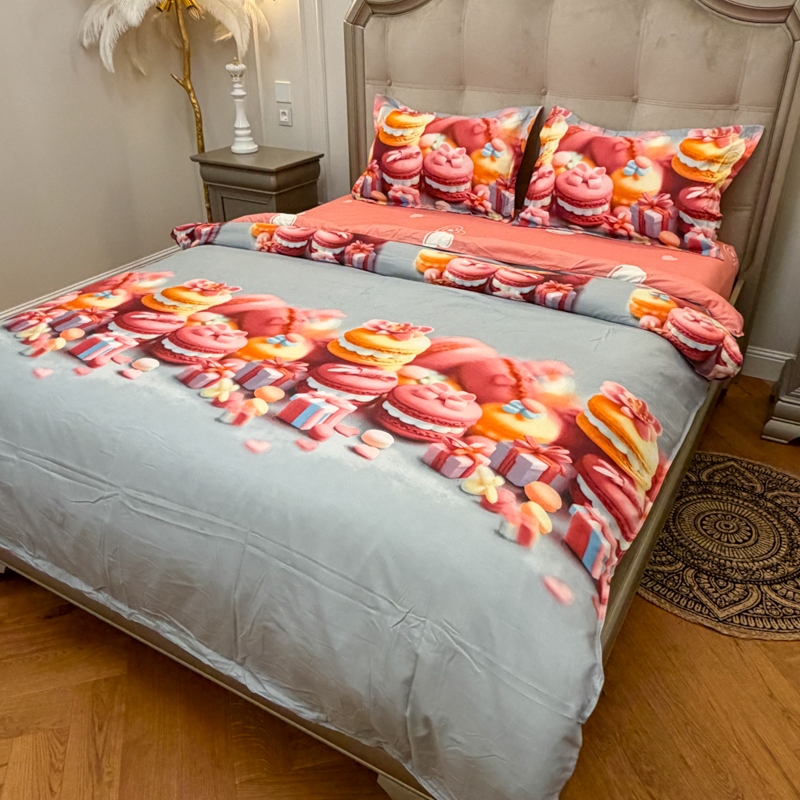 Lenjerie pat dublu, bumbac satinat, cearsaf clasic, 4 piese, Bleu, Roz, macarons - imagine 4