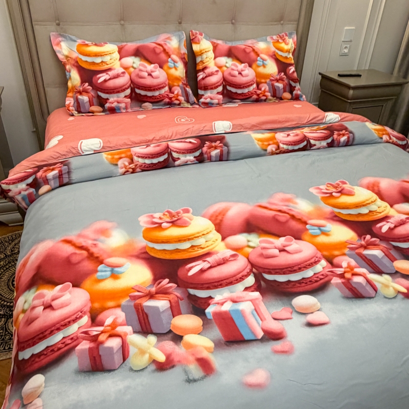 Lenjerie pat dublu, bumbac satinat, cearsaf clasic, 4 piese, Bleu, Roz, macarons - imagine 5
