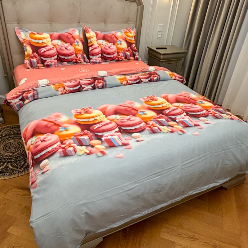 Lenjerie pat dublu, bumbac satinat, cearsaf clasic, 4 piese, Bleu, Roz, macarons - imagine 6