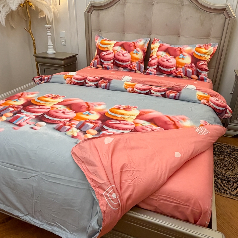 Lenjerie pat dublu, bumbac satinat, cearsaf clasic, 4 piese, Bleu, Roz, macarons - imagine 7