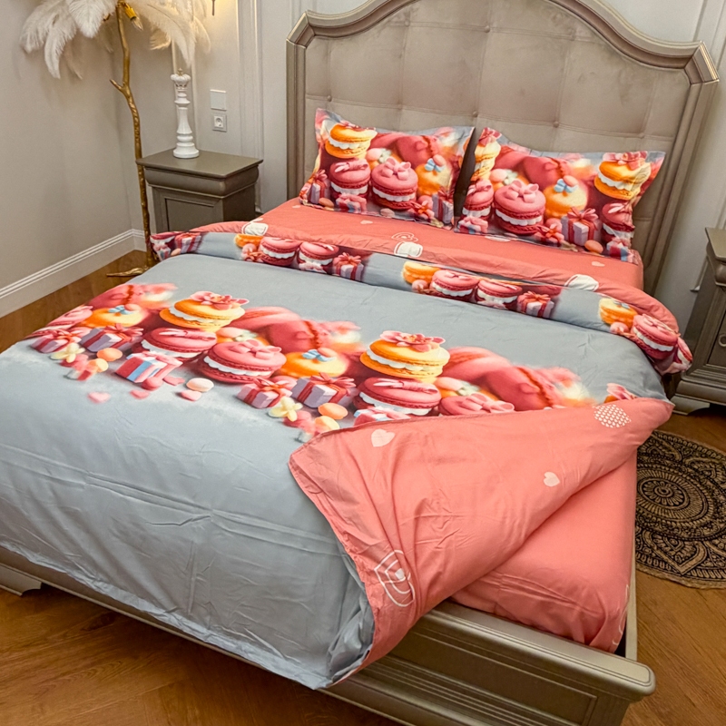 Lenjerie pat dublu, bumbac satinat, cearsaf clasic, 4 piese, Bleu, Roz, macarons - imagine 8