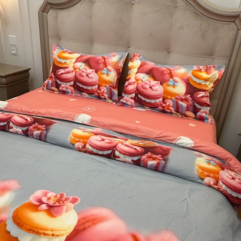 Lenjerie pat dublu, bumbac satinat, cearsaf clasic, 4 piese, Bleu, Roz, macarons - imagine 9