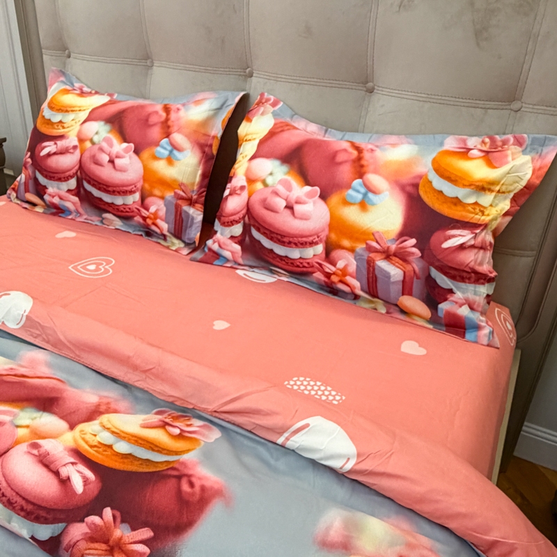 Lenjerie pat dublu, bumbac satinat, cearsaf clasic, 4 piese, Bleu, Roz, macarons - imagine 11
