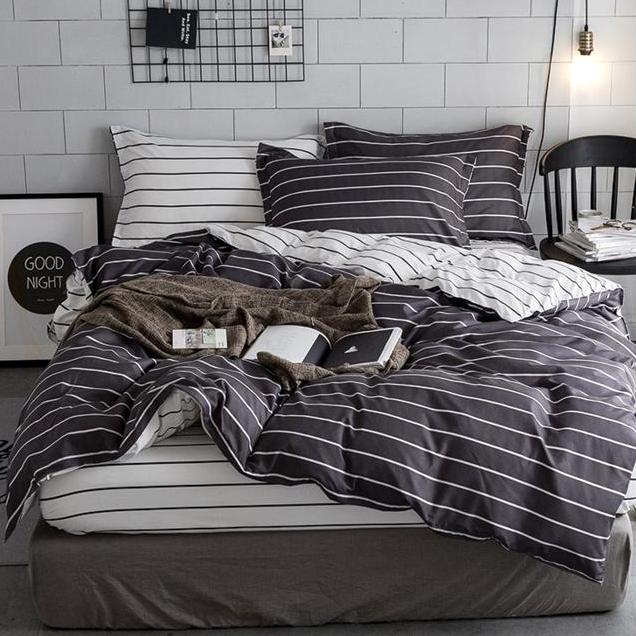 Lenjerie pat dublu, bumbac satinat, cearsaf clasic, 4 piese,  Gri, dungi - imagine 2