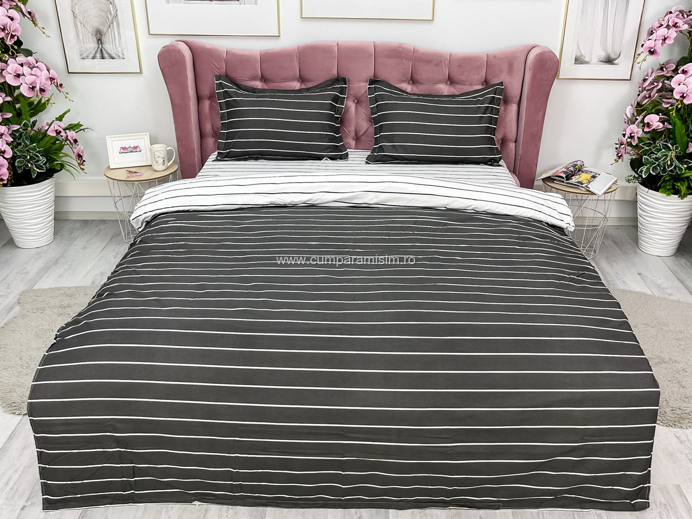 Lenjerie pat dublu, bumbac satinat, cearsaf clasic, 4 piese,  Gri, dungi - imagine 3