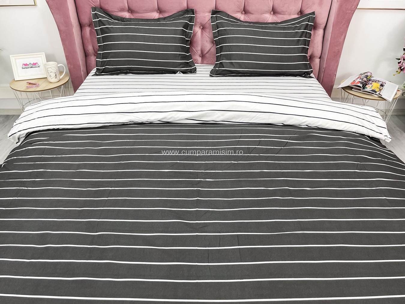 Lenjerie pat dublu, bumbac satinat, cearsaf clasic, 4 piese,  Gri, dungi - imagine 4