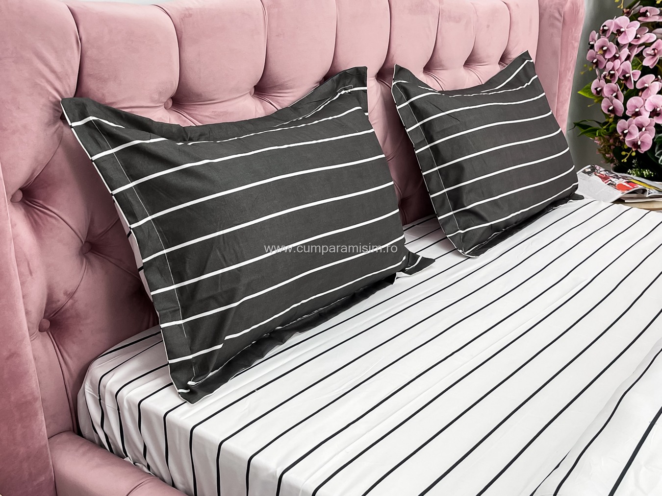 Lenjerie pat dublu, bumbac satinat, cearsaf clasic, 4 piese,  Gri, dungi - imagine 6