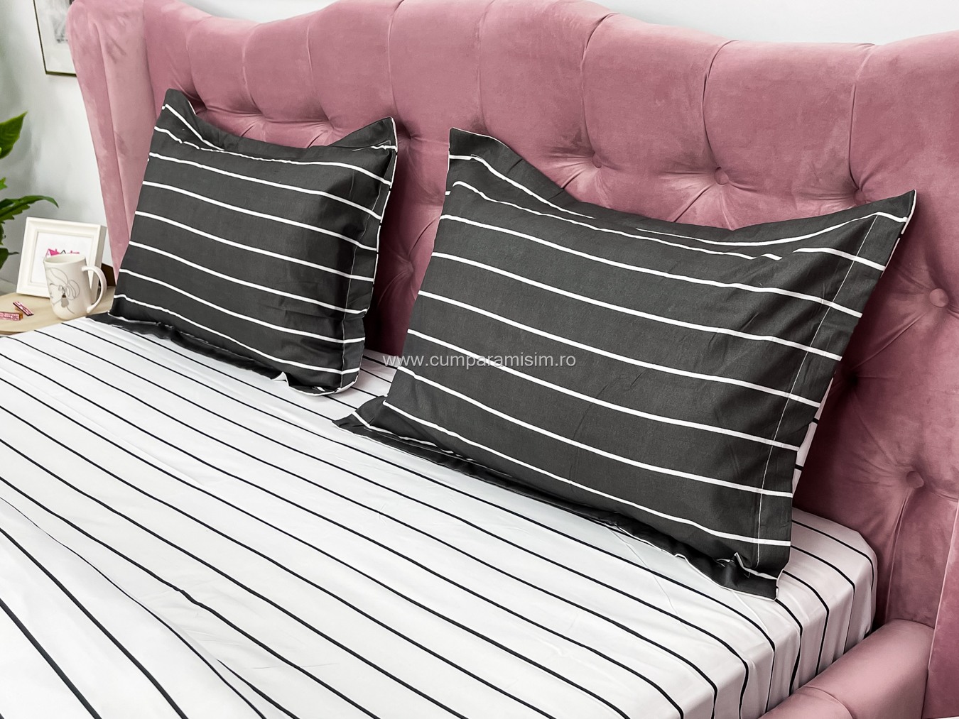 Lenjerie pat dublu, bumbac satinat, cearsaf clasic, 4 piese,  Gri, dungi - imagine 7
