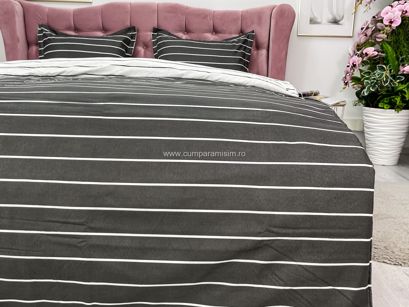 Lenjerie pat dublu, bumbac satinat, cearsaf clasic, 4 piese,  Gri, dungi - imagine 8