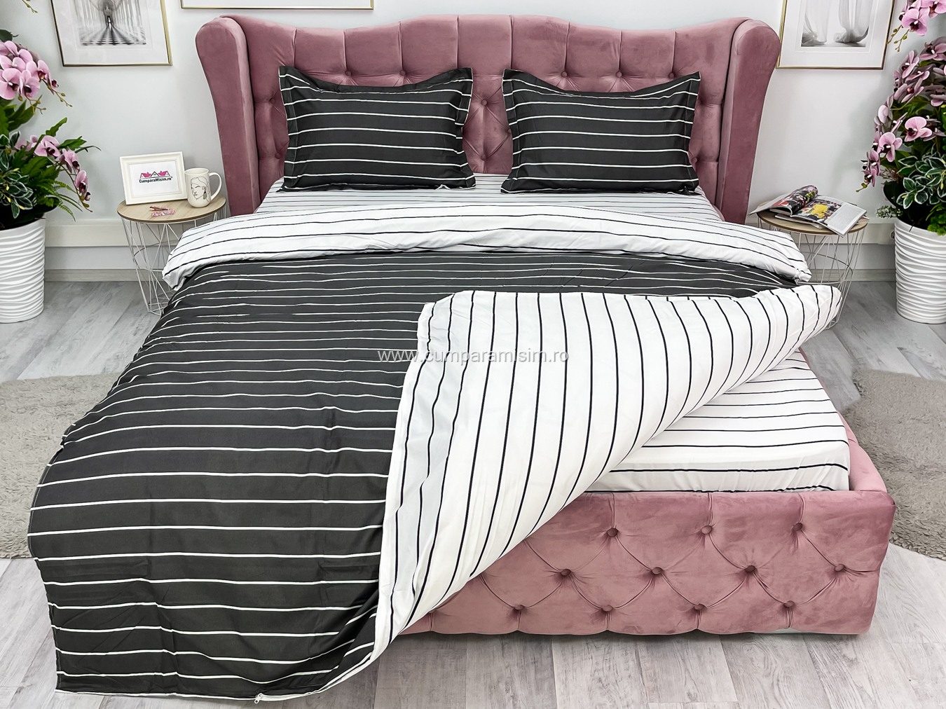 Lenjerie pat dublu, bumbac satinat, cearsaf clasic, 4 piese,  Gri, dungi - imagine 9