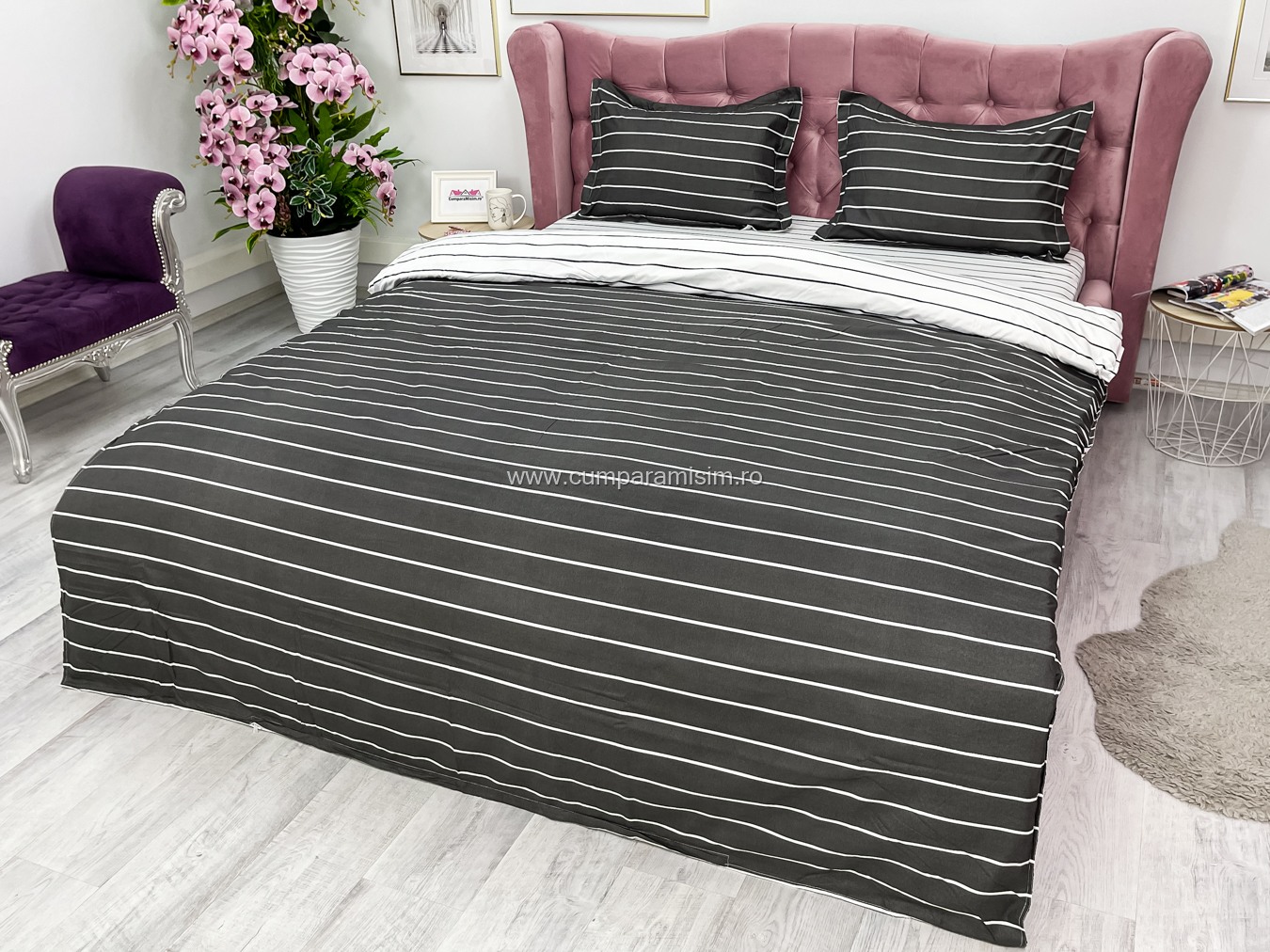 Lenjerie pat dublu, bumbac satinat, cearsaf clasic, 4 piese,  Gri, dungi - imagine 10