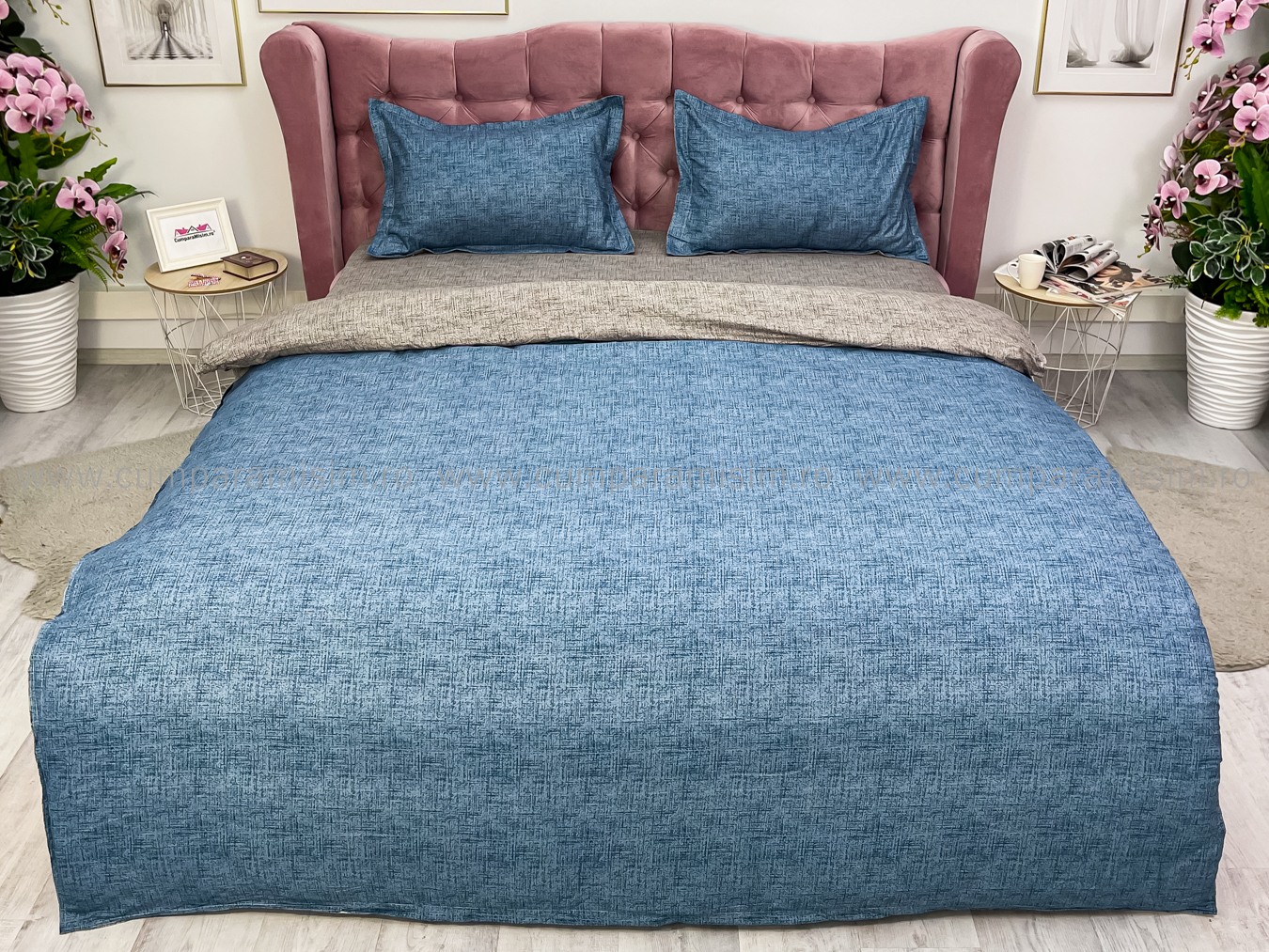 Lenjerie pat dublu, bumbac satinat, cearsaf clasic, 4 piese,  Albastru - imagine 2