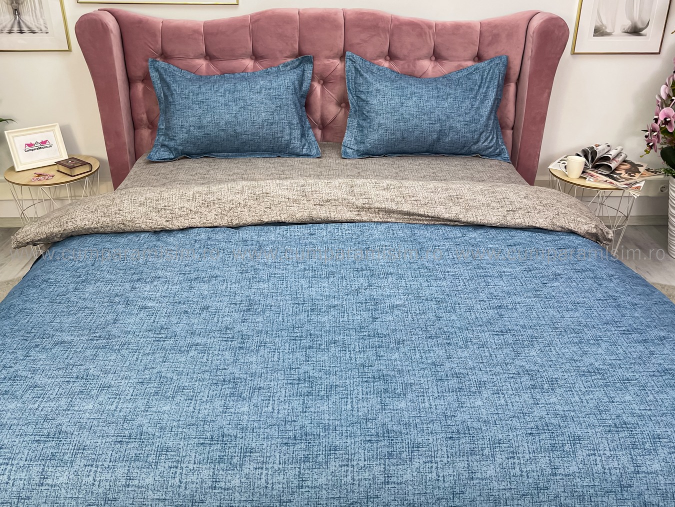 Lenjerie pat dublu, bumbac satinat, cearsaf clasic, 4 piese,  Albastru - imagine 3