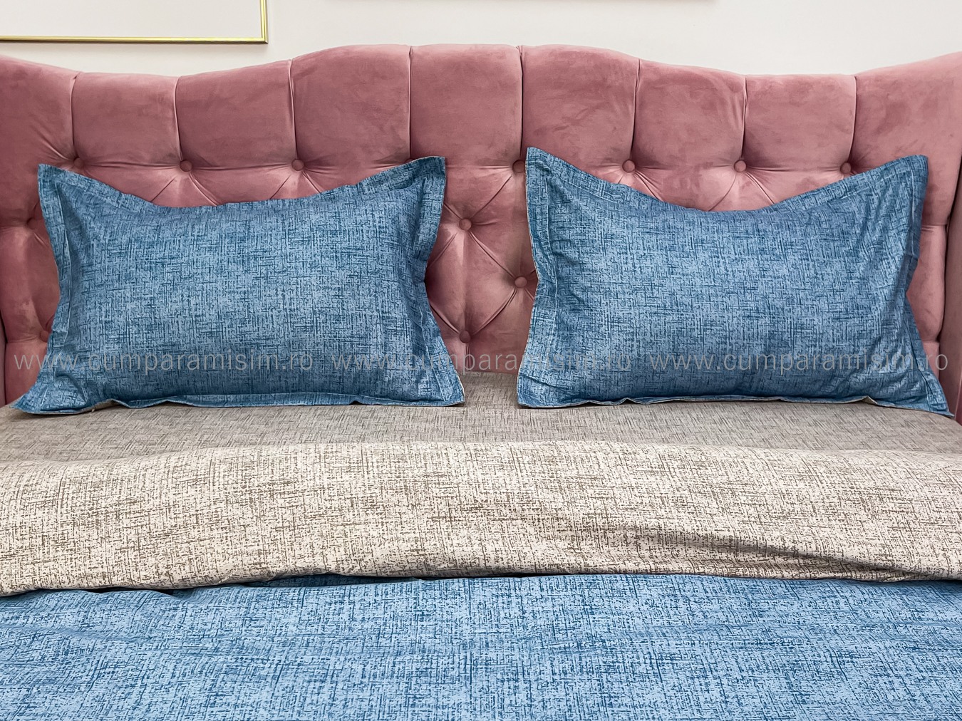 Lenjerie pat dublu, bumbac satinat, cearsaf clasic, 4 piese,  Albastru - imagine 4