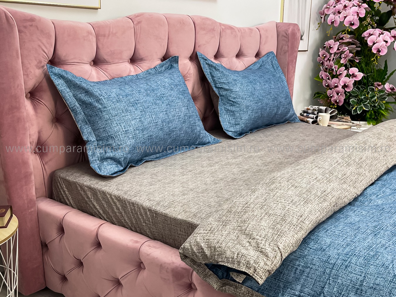 Lenjerie pat dublu, bumbac satinat, cearsaf clasic, 4 piese,  Albastru - imagine 5