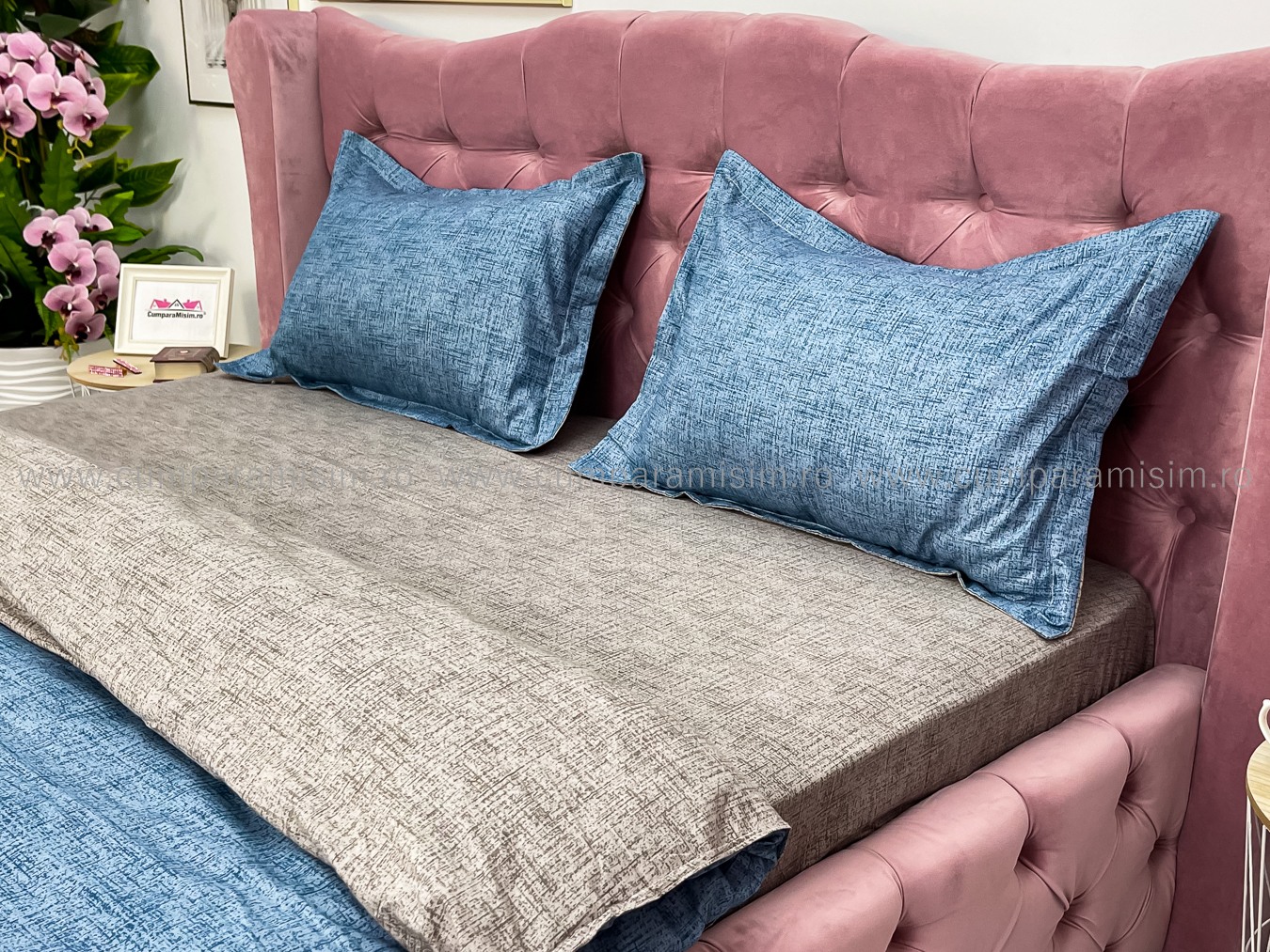 Lenjerie pat dublu, bumbac satinat, cearsaf clasic, 4 piese,  Albastru - imagine 6