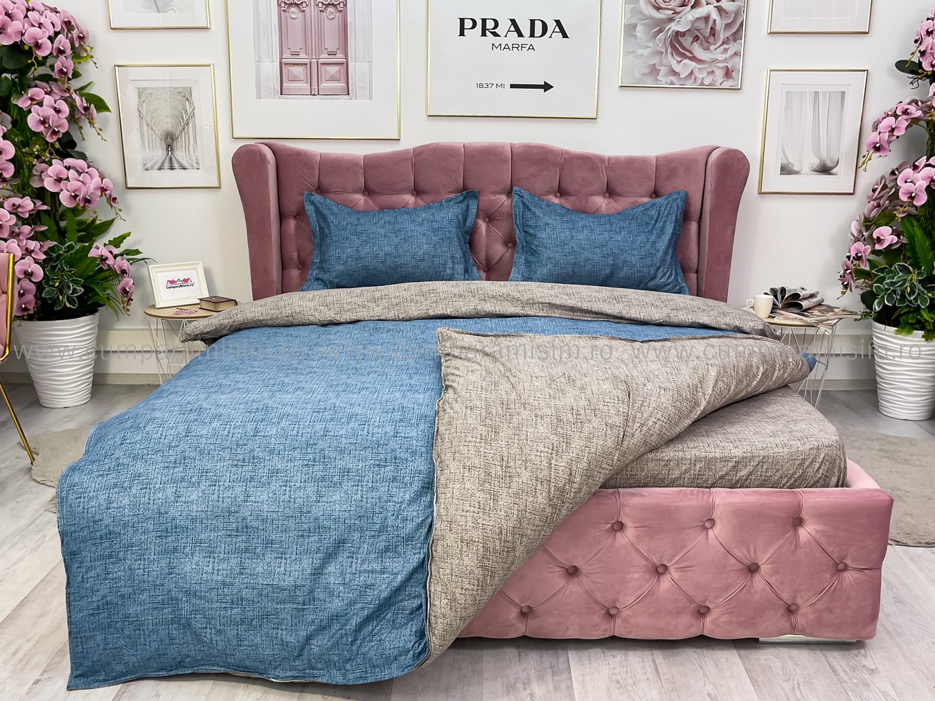 Lenjerie pat dublu, bumbac satinat, cearsaf clasic, 4 piese,  Albastru - imagine 7