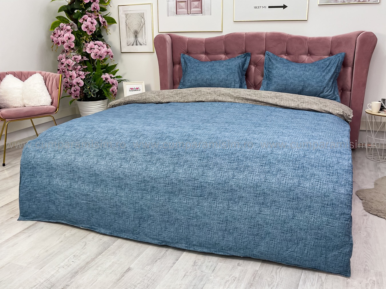 Lenjerie pat dublu, bumbac satinat, cearsaf clasic, 4 piese,  Albastru - imagine 8