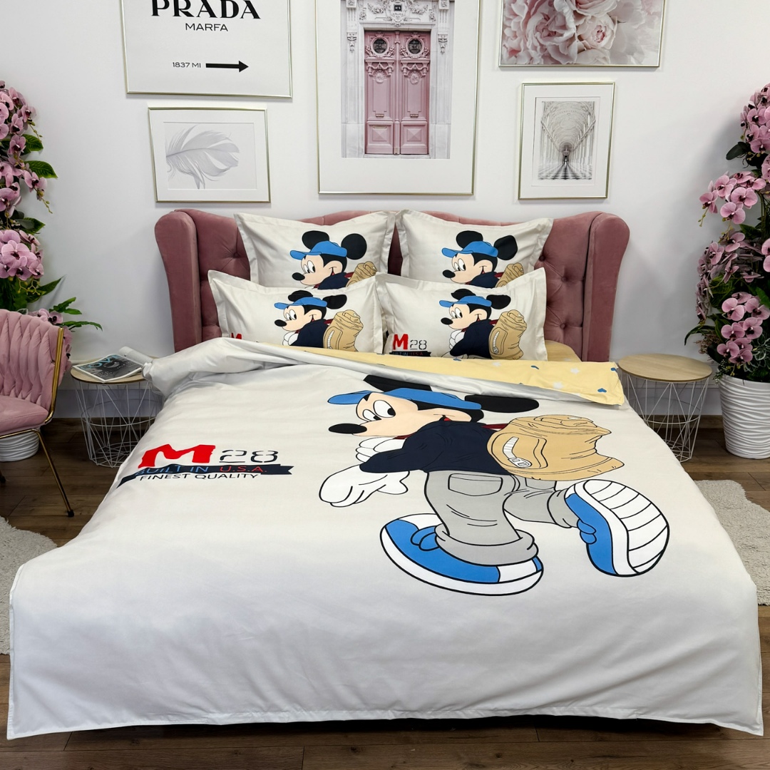 Lenjerie pat dublu (140x200cm, 160x200cm, 180x200cm), FINET, 6 piese, IDENTICA CU POZA, Alb, Bej, Mickey Mouse - imagine 2