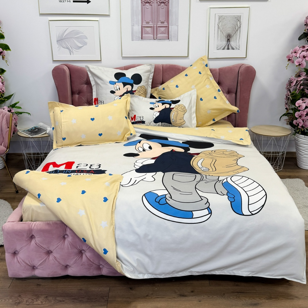 Lenjerie pat dublu (140x200cm, 160x200cm, 180x200cm), FINET, 6 piese, IDENTICA CU POZA, Alb, Bej, Mickey Mouse - imagine 3