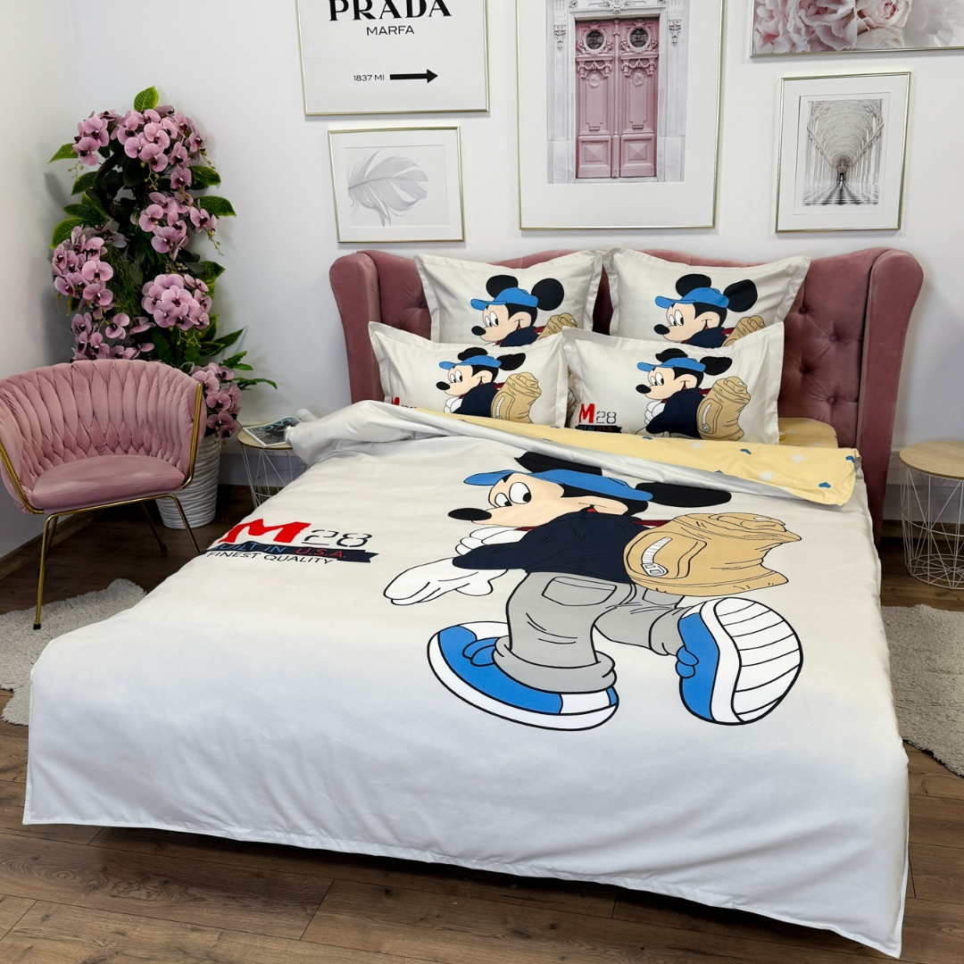 Lenjerie pat dublu (140x200cm, 160x200cm, 180x200cm), FINET, 6 piese, IDENTICA CU POZA, Alb, Bej, Mickey Mouse - imagine 4