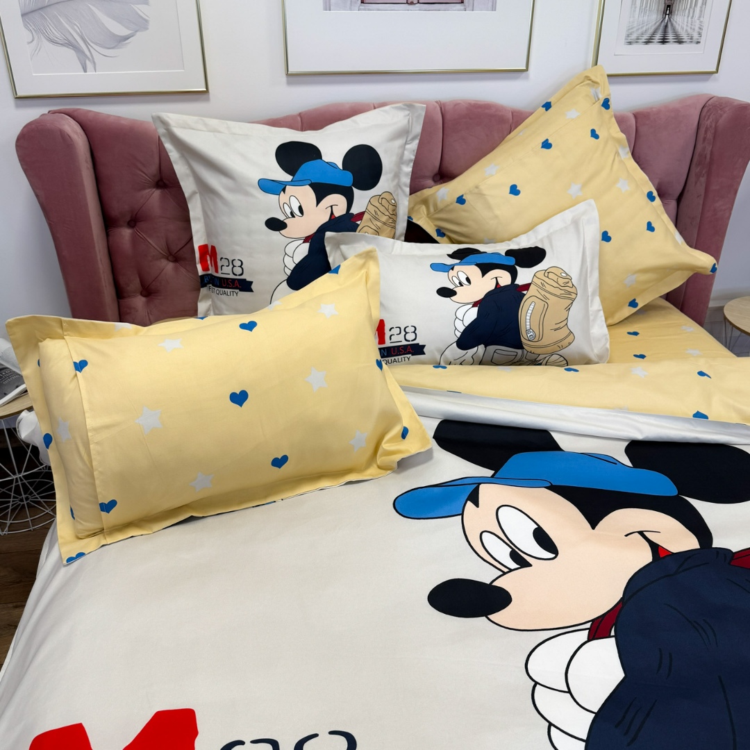 Lenjerie pat dublu (140x200cm, 160x200cm, 180x200cm), FINET, 6 piese, IDENTICA CU POZA, Alb, Bej, Mickey Mouse - imagine 6