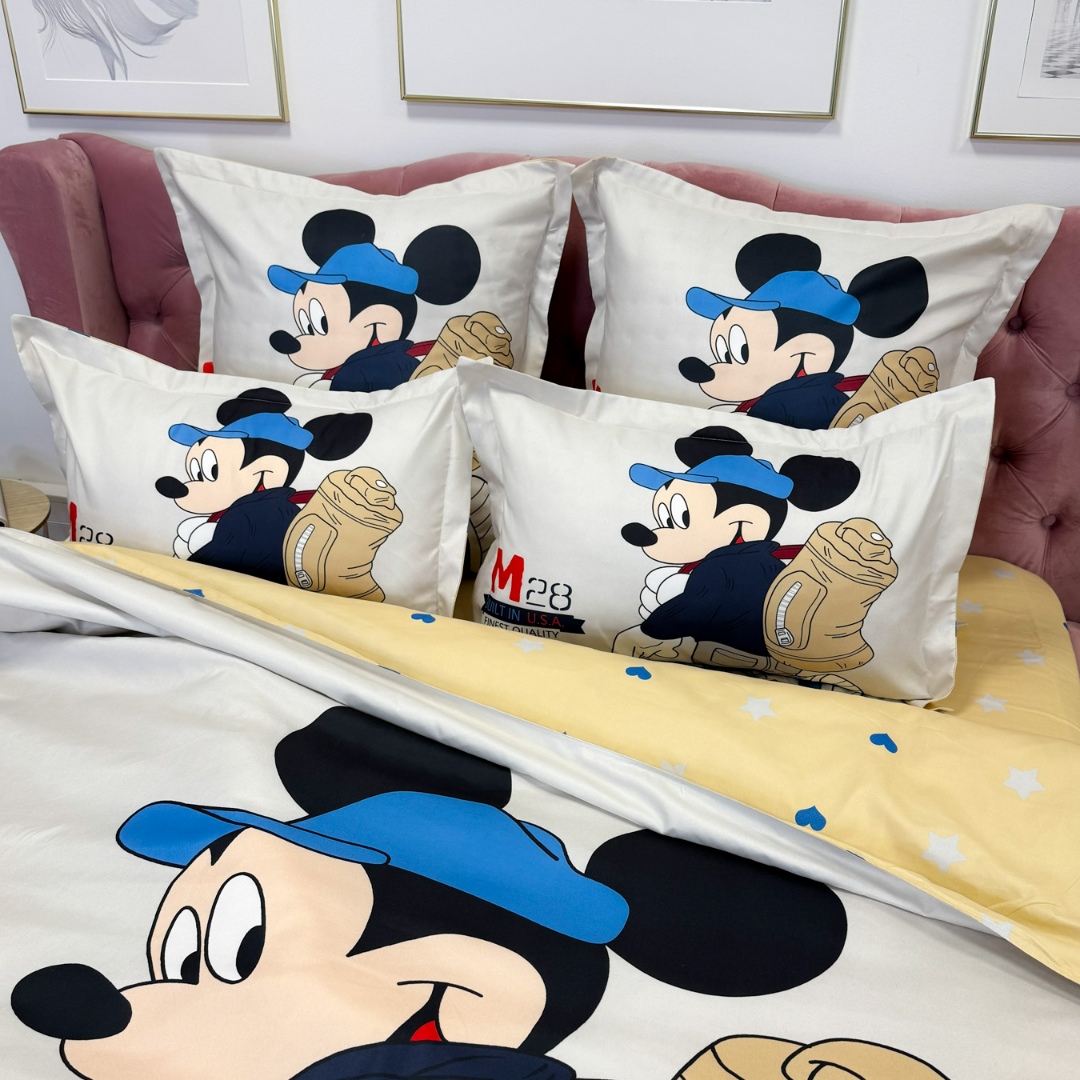 Lenjerie pat dublu (140x200cm, 160x200cm, 180x200cm), FINET, 6 piese, IDENTICA CU POZA, Alb, Bej, Mickey Mouse - imagine 7