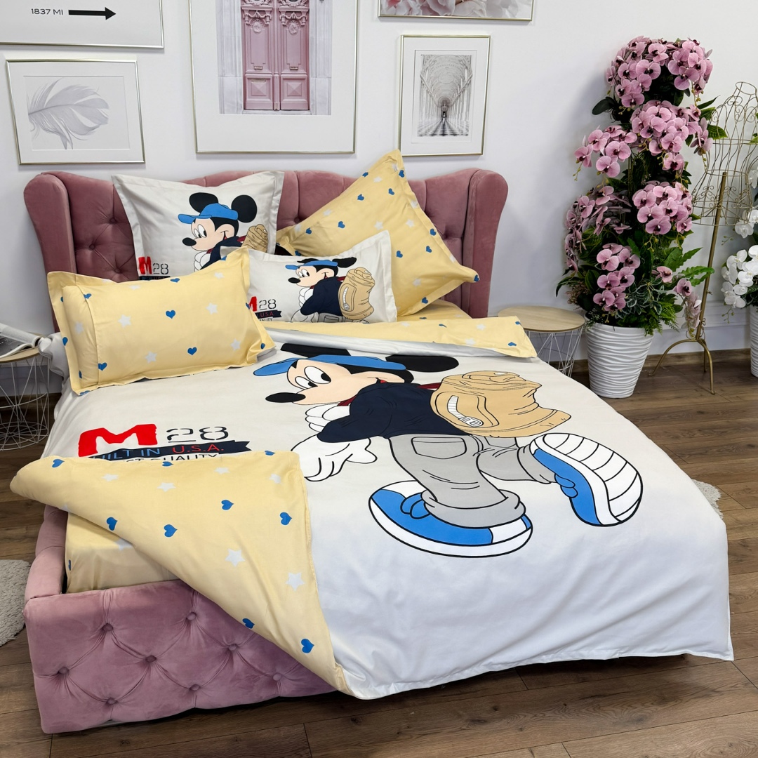 Lenjerie pat dublu (140x200cm, 160x200cm, 180x200cm), FINET, 6 piese, IDENTICA CU POZA, Alb, Bej, Mickey Mouse - imagine 8
