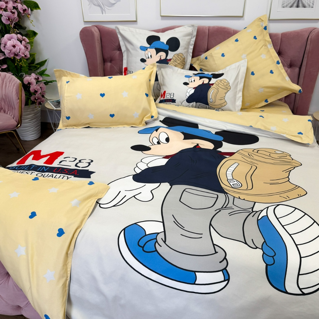Lenjerie pat dublu (140x200cm, 160x200cm, 180x200cm), FINET, 6 piese, IDENTICA CU POZA, Alb, Bej, Mickey Mouse - imagine 9
