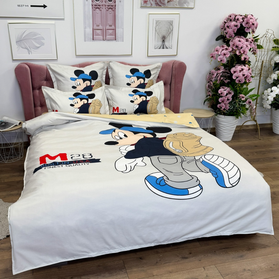 Lenjerie pat dublu (140x200cm, 160x200cm, 180x200cm), FINET, 6 piese, IDENTICA CU POZA, Alb, Bej, Mickey Mouse - imagine 10
