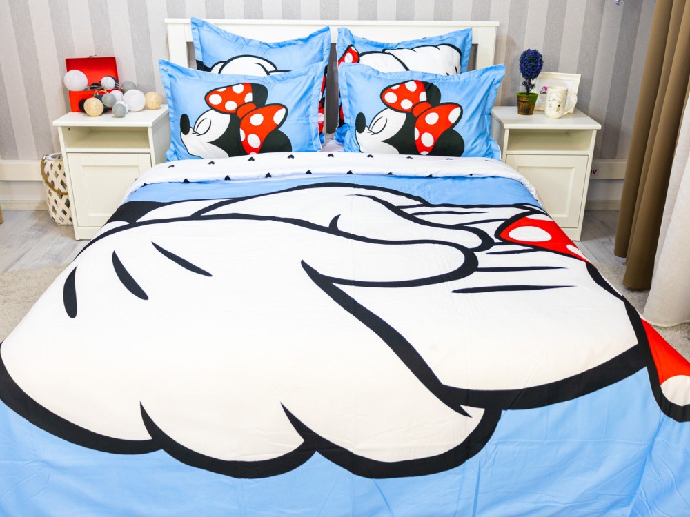 Lenjerie pat dublu (140x200cm, 160x200cm, 180x200cm), FINET, 6 piese, IDENTICA CU POZA, Alb, Bleu, Mickey si Minnie - imagine 2