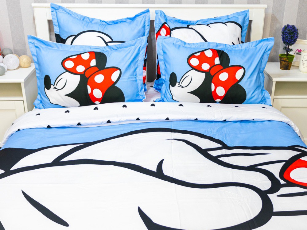 Lenjerie pat dublu (140x200cm, 160x200cm, 180x200cm), FINET, 6 piese, IDENTICA CU POZA, Alb, Bleu, Mickey si Minnie - imagine 3