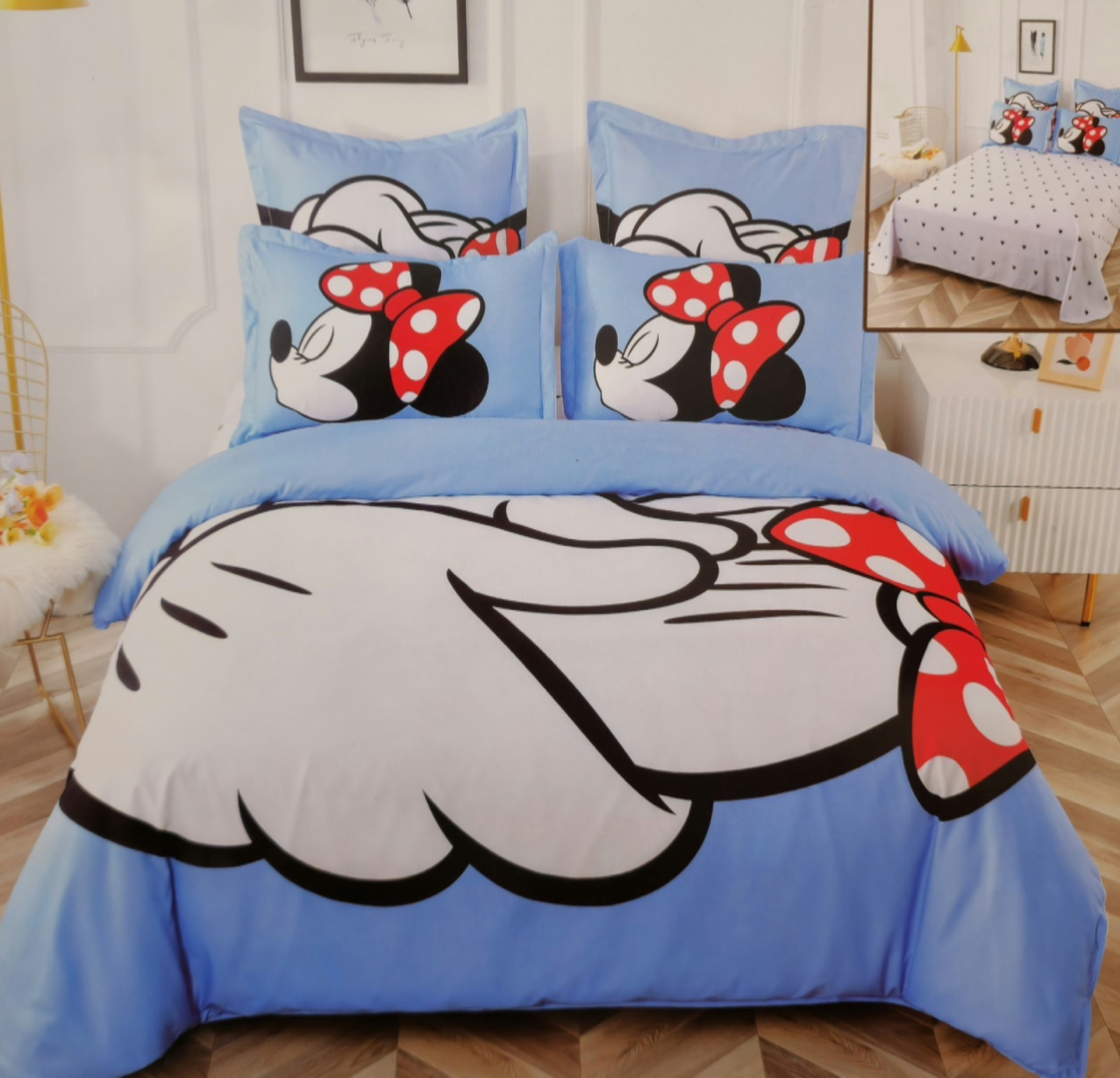 Lenjerie pat dublu (140x200cm, 160x200cm, 180x200cm), FINET, 6 piese, IDENTICA CU POZA, Alb, Bleu, Mickey si Minnie - imagine 4