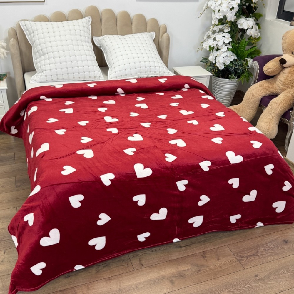 Patura pufoasa cocolino 200x230cm, 240g/mp, Rosu, Inimioare Albe — imaginea 2