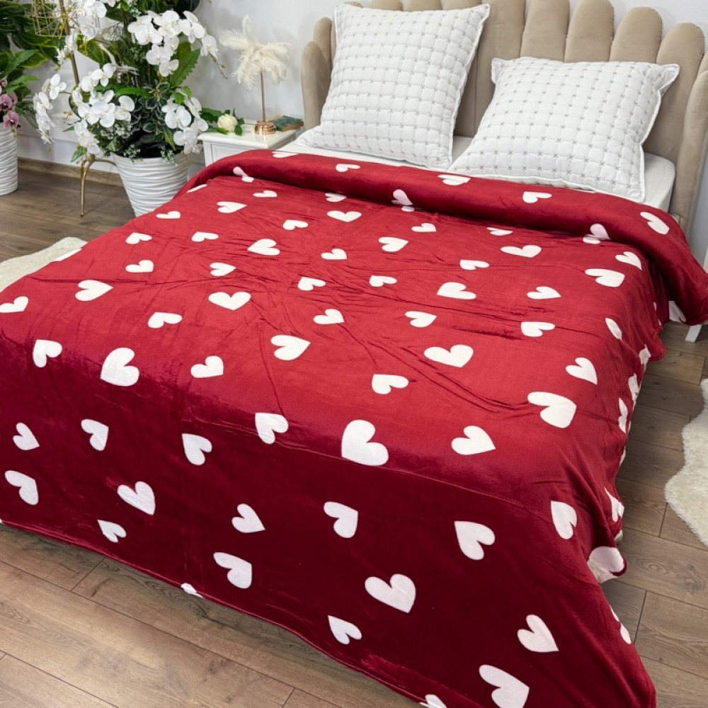 Patura pufoasa cocolino 200x230cm, 240g/mp, Rosu, Inimioare Albe — imaginea 3