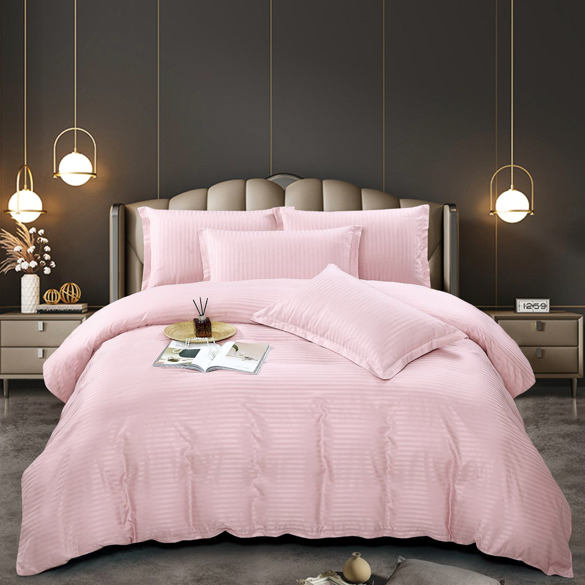Lenjerie HoReCa, pat dublu, Damasc Finetat Deluxe cu Elastic, 6 piese, Jojo Home, Roz deschis - imagine 2