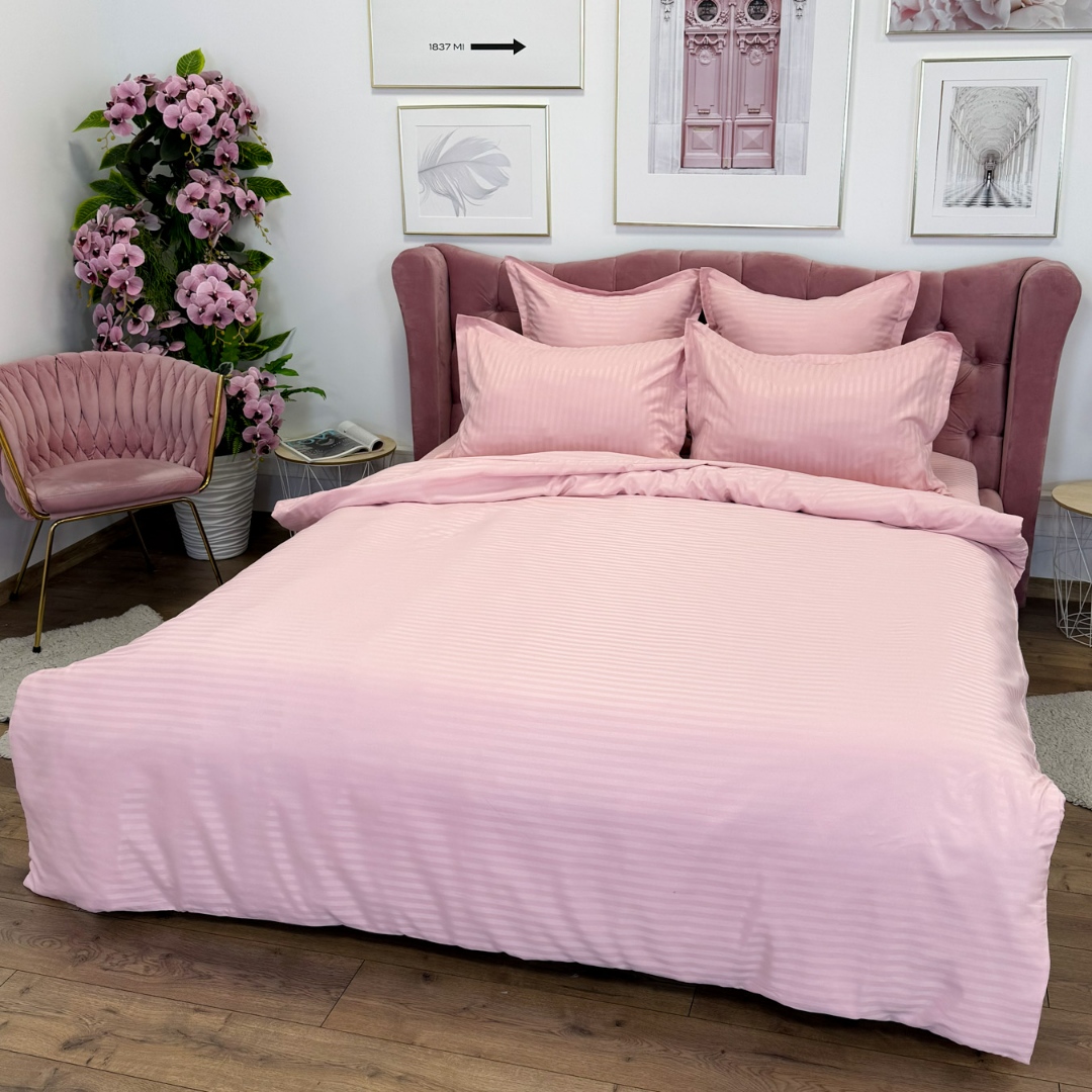 Lenjerie HoReCa, pat dublu, Damasc Finetat Deluxe cu Elastic, 6 piese, Jojo Home, Roz deschis - imagine 3