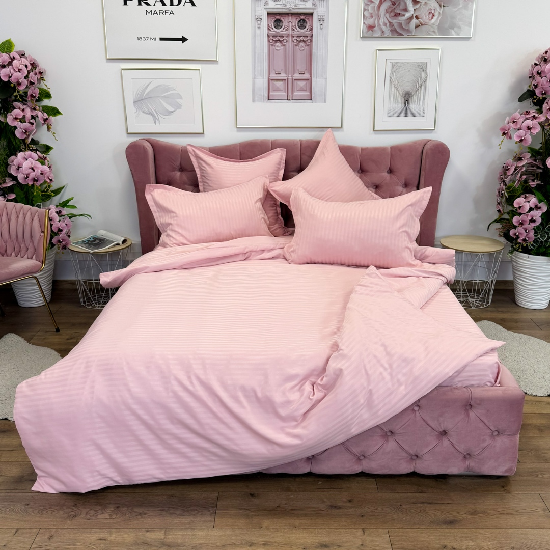 Lenjerie HoReCa, pat dublu, Damasc Finetat Deluxe cu Elastic, 6 piese, Jojo Home, Roz deschis - imagine 4